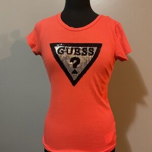 Guess Women's Bright Coral Sequin Logo Tee